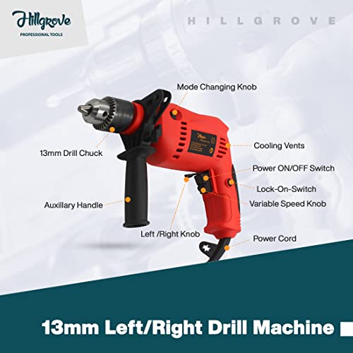 Image of Hillgrove HGCM1011M3 700W Power Drill Machine with 9Pcs All Type Drill Bits for Making Holes in Metal /Wood /Concrete with Reverse Rotation and Variable Speed Pistol Grip Drill (13 mm Chuck Size)