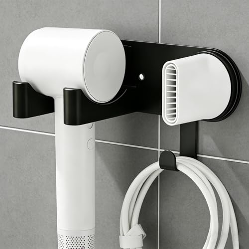 Jinfanshurich Soporte para secador de pelo, soporte para secador de pelo, sin taladrar, soporte de pared de aleación de aluminio para baño, soporte magnético para Dyson accesorio con gancho para