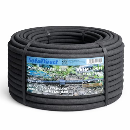SolaDirect Soaker Hose Porous Pipe 100 m / 328 ft Long Reach Compliant Water Saving up to 70% Perfect for Lawns Flowerbeds Vegetable Gardens and Greenhouses