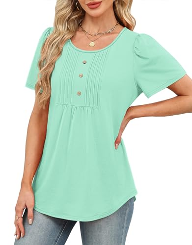 Image of Womens Tops Dressy Casual Blouses Short Sleeve Shirts Plus Size Fashion Clothing Spring Summer Outfits Button Pleated Front