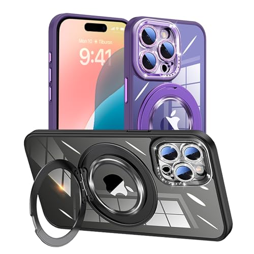 Damesine iPhone 15 Pro�p�P�[�X �N���A ���^MagSafe�Ή� 360°�}�O�l�b�g�����O�X�^���h �V���R���ϏՌ� ��t��O���L���L���ȃJ�����J�o�[�����Y�ی�2 in 1 �h�o�l�b�g�t�� ���킢���A�C�z��15�v���P�[�X �f�B�[�v�p�[�v��