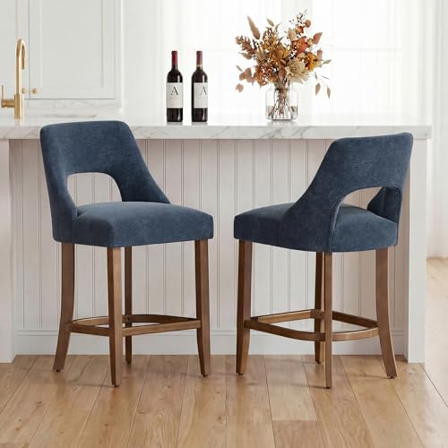 Image of UVV Bar Stools Set of 2, Upholstered Counter Height Bar Stools, Modern Counter Stools with Wood Legs for Kitchen Island Dining Room Bar, Navy Blue