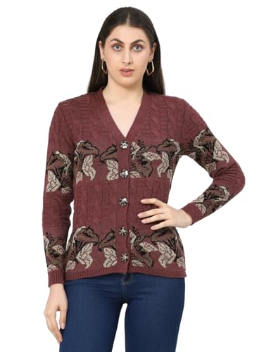 Image of Kalt Women Sweater for Winter Woolen Acrylic Full Sleeves V Neck Floral Design Cardigan Sweater for Women