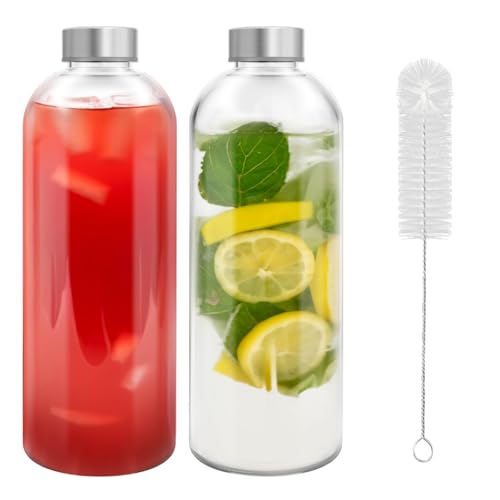 Eidoct Paquete de 2 botellas de agua de vidrio reutilizables de 1 litro, a prueba de fugas, resistente al calor, para bebidas calientes/frías, jugos, batidos y café, incluye cepillo para botellas