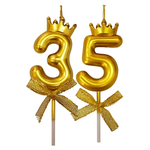 Image of 2 Pc 35 Number Candle for Birthday Cake Metallic 35th Birthday Cake Decoration Thirty Five Candle with Crown on Top Cake Topper 0-9 Number Candles for Anniversary (Pack of 2, Gold)