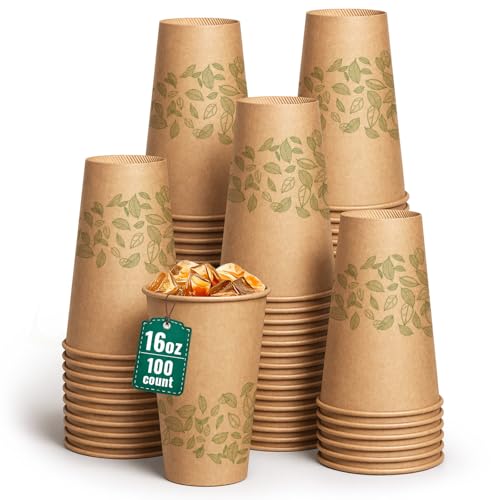 Biotakeware 16oz 100Count Compostable Paper Cups Plant-Based Disposable Coffee Cups with PLA Lining Perfect for Hot & Cold Drinks Coffee Party Office & Daily Use