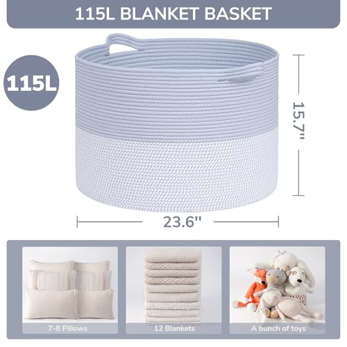 Image of INDRESSME 115L Extra Large Rope Basket, Organizing Storage for Nursery Living Room Home Decor., Decorative Woven Laundry Basket, Towel, Gift Baskets, Blue