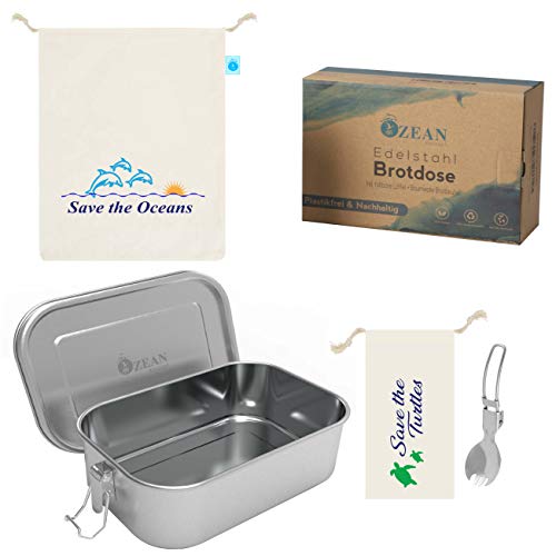 OzeanKonzept® Edelstahl Brotdose | Lunchbox für Kinder und Erwachsene | Brotdose aus Metall auslaufsicher, Brotzeitbox 800ml für Wandern, Schule und Kindergarten mit Baumwolle Tasche & Göffel