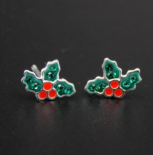 925 Sterling Silver Christmas Holly Leaf with Red Green Crystal Tiny Ear Studs Earrings for Small Earlobe or Second Ear Piercings 427762