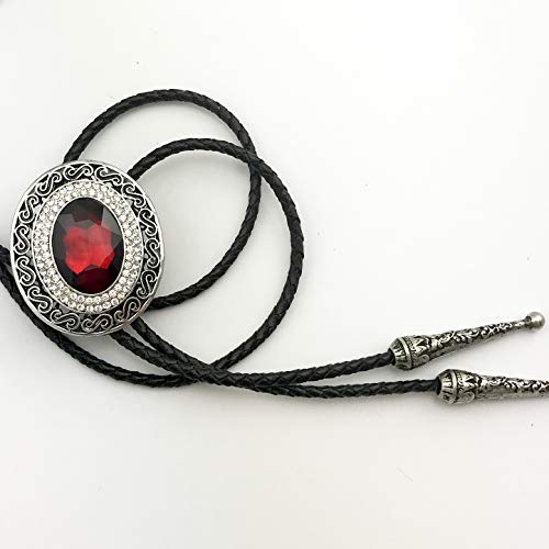 SELOVO Western Big Large Red Rhinestone Western Bolo Tie Genuine Leather Silver Tone