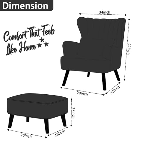Image of Modern Velvet Wingback Accent Chair with Ottoman & Cushion for Living Room | Premium Upholstered Lounge Chair with Footrest |Black