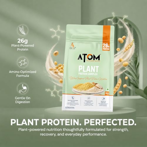 Image of AS-IT-IS ATOM Plant Protein Complex: 26g Protein,1 Kg, Cafe Latte - Clean, Easy to Digest | Complete Protein with Added Amino Acids, Ashwagandha & DigeZyme