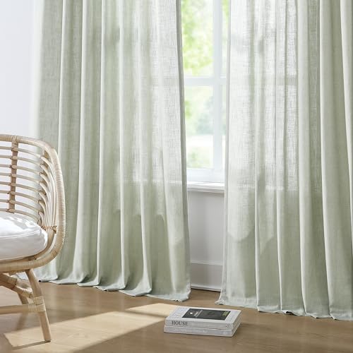 Image of Vision Home Soft Green Pinch Pleated Semi Sheer Curtains Textured Linen Blended Light Filtering Window Curtains 120 inch for Living Room Bedroom Pinch Pleat Drapes with Hooks 10ft 2 Panels 40 inchWx120 inchL