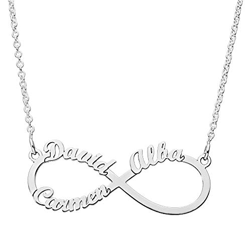 doble aro Collar Infinito con Nombres Personalizado - Añade entre 1 y 3 Nombres - Colgante en Plata de Ley 925/1000 (Infinito Basic, Plata de Ley)