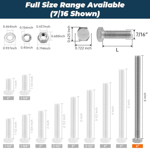 Image of 6 Sets Glvaner 7 /16-14 x 6 inch Stainless Steel Hex Head Screws Bolts, Nuts, Flat & Lock Washers, 18-8 (304) Stainless Steel, Full Thread, Coarse Thread
