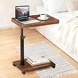 Adjustable C Shaped Couch Table with Wheels - 360° Swivel Sofa Side Table, Under Couch Rolling TV Tray Table for Small Spaces, Living Room or Bedroom Use (Walnut)