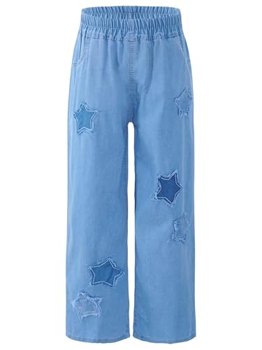 Hularka Kids Girls Wide Leg Jeans Elastic Waist Washed Denim Pants Star Patches Denim Trousers Bottoms Casual wear