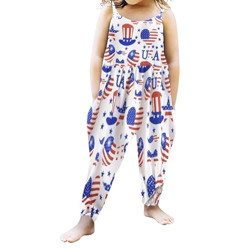 RONGTAI Baby Girl 4th of July Outfit Sleeveless Strap Romper Baby Patriotic Rompers Kid USA Print Jumpsuit with Pocket 5-6T