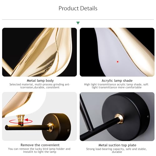 Image of Modern Birds Wall Lamp Gold Wall Sconces Creative Bird Shap Metal Lamp Body with Acrylic Lampshade with Adjustable Angle Bedside Night Light for Bedroom, Living Room, Kitchen (D11 * H14.9 inch (2 head))