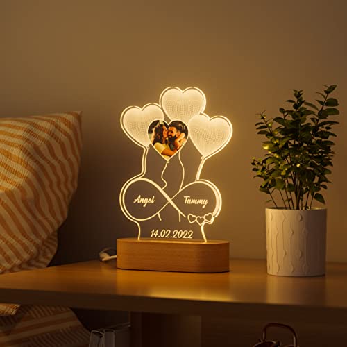 Photo Personnalisé Lampe Coeur LED Cadre Personnalisé avec Nom Date Veilleuse Illusion 3D de Ballons de Cœur de Verre Acrylique Cadeaux Noël Saint Valentin Anniversaire Fête Des Mères Deco Chambre