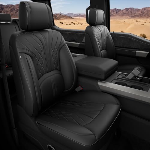 FREESOO Leather Seat Covers for Ford F150 SuperCrew 2015-2026 & F250/F350/F450 Super Duty Crew Cab 2017-2026 Waterproof Seat Covers Full Set with Lumbar Support for Pickup Trucks Black