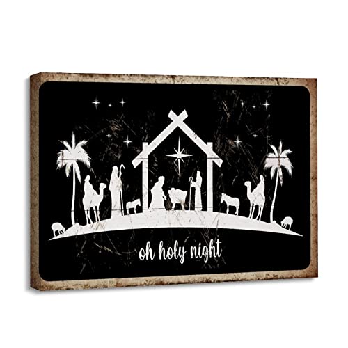 Toile de crèche de Noël premium encadrée Oh Holy Night moderne