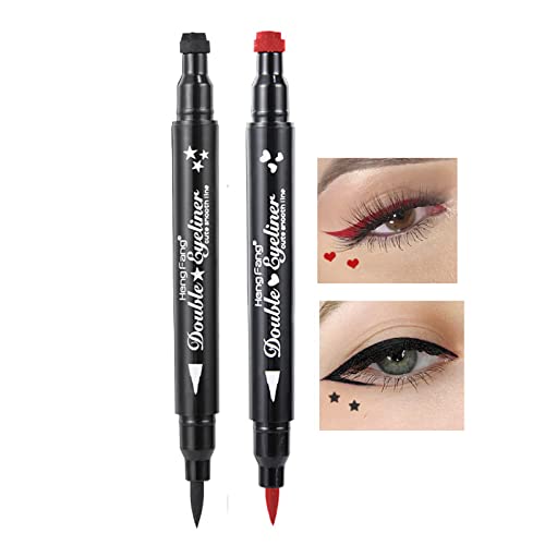 Eyeliner Stempel, Doppelseitiger flüssiger Eyeliner-Stift mit Augen Makeup Stempel, wasserfest, doppelseitig langanhaltend, Tattoo Makeup Werkzeug, rot-schwarz (Rotes Herz mit schwarzen Sternen)