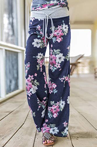 Image of AMiERY Women's Comfy Casual Pajama Pants Floral Print Drawstring Palazzo Lounge Pants Wide Leg