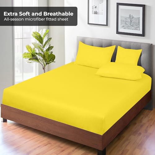 Image of Royale Linens Fitted Sheet Queen - Ultra Soft 1800 Brushed Microfiber - Hotel Luxury Bottom Sheets - Wrinkle Free & Fade Resistant - Deep Pocket Fitted Sheet Only (Queen, Yellow)