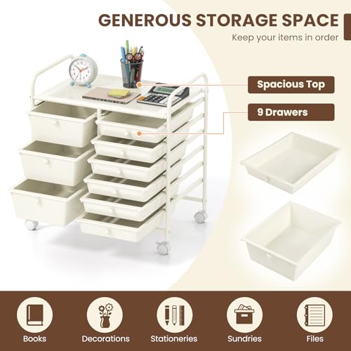 Image of LDAILY 9 Drawer Rolling Storage Cart, Rolling Cart with Drawers for Classroom, Art Supply Craft Organizer on Wheel with Metal Frame & Handles for Home Office School