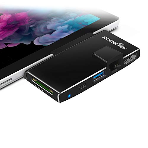 Surface Pro 7 Hub Docking Station, Rocketek 6-in-1 Hub Expansion with TF SD Card, USB 3.0, USB C, 4K HDMI Converter Adapter and RJ45 Gigabit Ethernet LAN Combo Dock for Microsoft Surface Pro 7(2019)