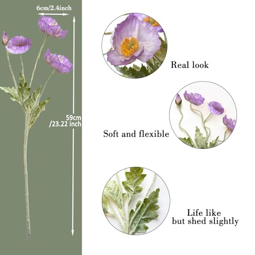 Image of 5Pcs Poppy Flowers Artificial Poppy for Home Decor(Light Purple)