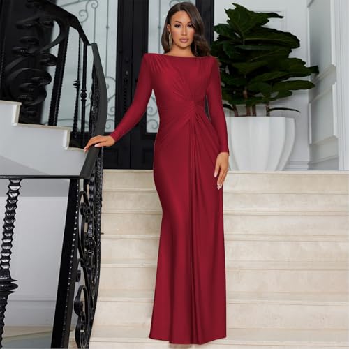 Image of RARITYUS Women's Elegant Knot Ruched Long Sleeve Maxi Dress Shoulder Pads Long Formal Dress Cocktail Evening Party Dress