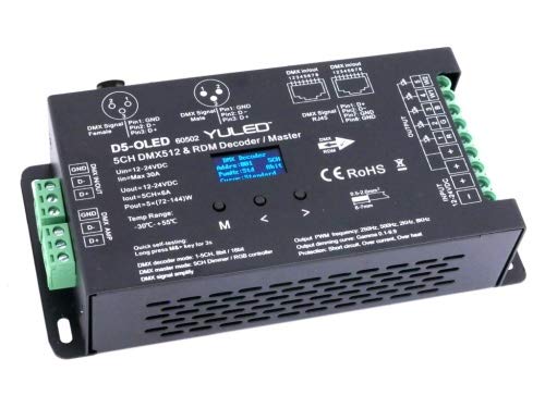 D5-OLED Display 5-Kanal DMX512 /RDM LED Controller 6A/ Kanal (30A) 12-24Volt DC 16bit XLR RJ45 Stand-alone PWM Frequenz bis 8000Hz Dimmkurve einstellbar