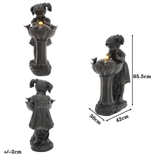 Gartenbrunnen mit Mädchen-Figur, 65,5 cm Springbrunnen Wasserspiel mit warmweißer LED-Beleuchtung, Gartendeko für Terrasse, Balkon & Rasen, Plätschern 55 dB, Kupferfarbe