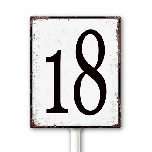 Aluminum Number Sign 18 Metal Numbered Yard Sign With Stake Outdoor for Tennis Court, Parking Lots, Floor, Dock, Court, Aisle, Field, Farm 18x22 CM High Visibility Rust Free (Retro White)