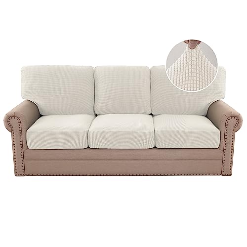 H.VERSAILTEX 2024 New Trend Multi-Pieces Sofa Covers Stretch Couch Covers Form Fitted Seats and Back Cushions Covers (3 Seat Covers Plus 3 Back Cusion Covers, Bonus 2 Armrest Covers), Ivory
