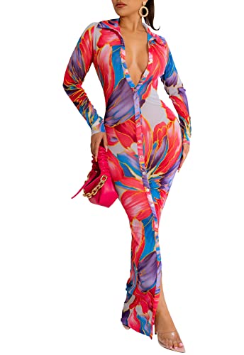 Image of Women's Sheer Mesh Long Sleeve Bodycon Midi Dress Club Night Out Dresses Beach Cover Up Dress