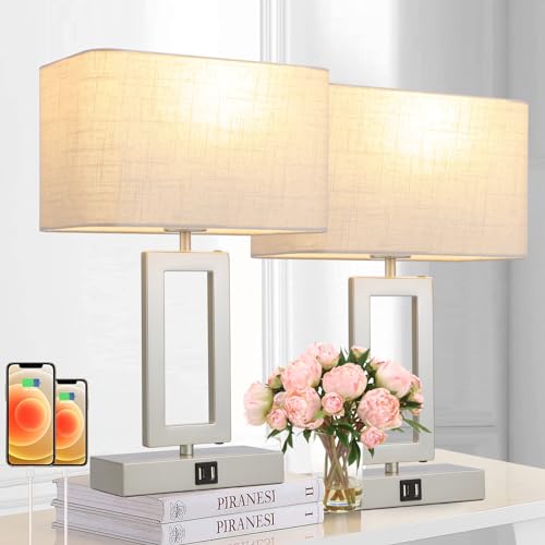 Salas, Furniture Juego de 2 lámparas de mesa con control táctil con 2 puertos USB de 3 vías regulables mesita de noche para recámara, lámpara plateada para mesa auxiliar...