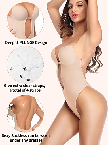 JOYSHAPER Women Plunging Deep V-Neck Strapless Backless Bodysuit Seamless Thong Full Body Shapewear for Wedding Party3