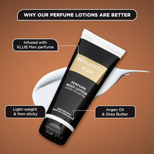 Image of Bella Vita Luxury KLUB Man Body Perfume Lotion for Nourishing, Hydrating, Soft, Supple, Healthy Skin with Argan Oil and Shea Butter 200 ml