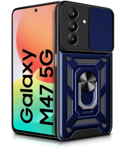 Image of WOW IMAGINE Tough Armor Bumper Mobile Back Case for Samsung Galaxy M47 5G | Sliding Camera Cover | Shock Proof 360 Protection | Hybrid PC + TPU | Ring Holder with Kickstand - Blue