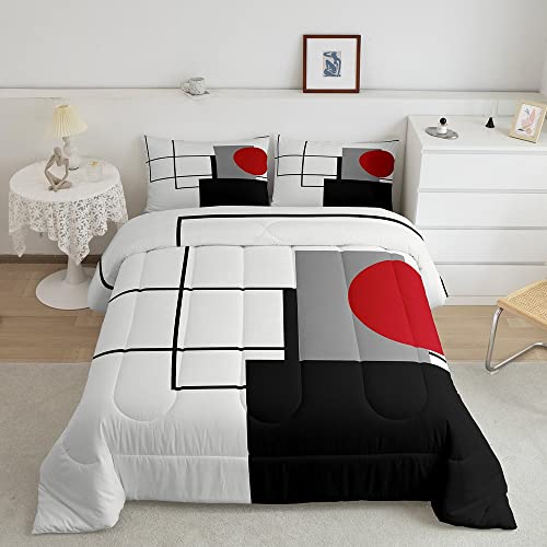 Erosebridal Black Red Grey White Comforter Set Warm for Kids Boys Girls,Red Circle Swirl Bedding Set Home Room Decor,Geometric Square Down Comforter Queen,Geometry Abstract Lines Quilted Duvet Soft
