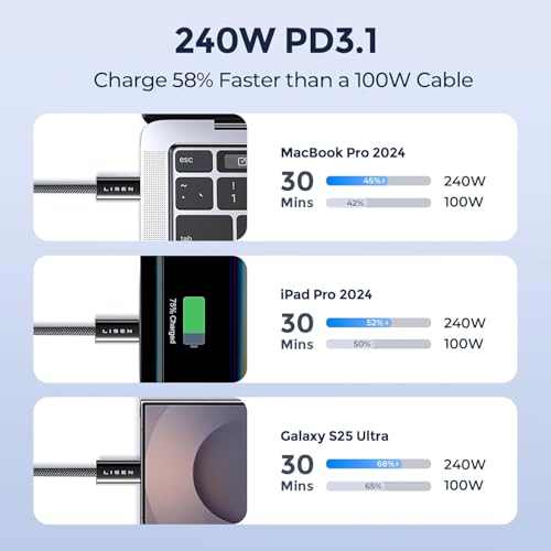 Image of LISEN USB C to USB C Cable, 240W PS /2 Charging Cable [10FT, 2 Pack] Type C Charger Fast Charging USBC to USBC Cable for iPhone 17 16 15 Pro Max iPad MacBook Neo Air Pro,Black