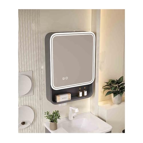 Armario multifuncional con espejo de baño con luz LED, 3 puertas, espejo de baño negro, 50 cm, perfecto para baños modernos