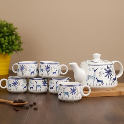 Image of 'Blue Deer' Premium Ceramic Tea Cup Set with Kettle & 6 Cups | Floral Printed Ceramic Cup with Teapot | Handcrafted, Microwave & Dishwasher Safe | Tea Serving Set for Home, Office & Gifting