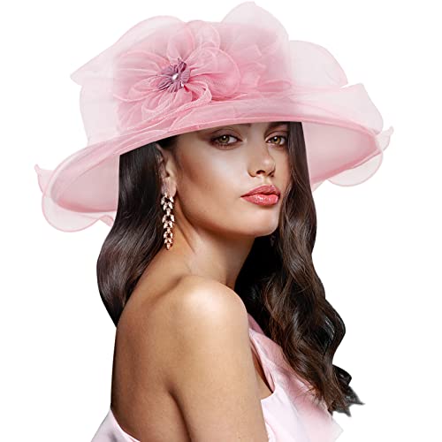 DRESHOW Women Organza Hat Church Cap Hats Clearance Kentucky Derby Cocktail Tea Party Wedding Flower Hat with Wide Brim
