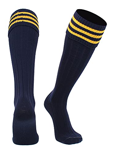 TCK Euro Style 3 Stripe Soccer Socks (Navy Gold, Large)
