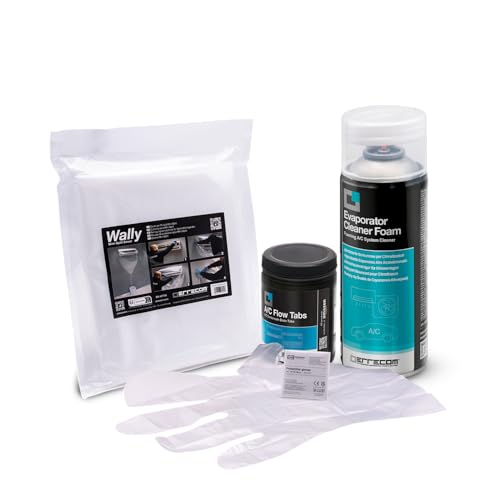 ERRECOM Kit de limpieza de aire acondicionado, incluye Evaporator Cleaner Foam Limpiador espumoso, funda protectora Wally, A/C Flow Tabs 40 pastillas para limpieza del desagüe, guantes