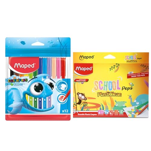 MAPED Colouring Kit - 2Pcs Set Washable Felt Tip Pen X12 Shades Plastic Crayons X15 Shades|Eraseable Plastic Crayons| Bright colour Sketch pens|Birthday Gift|Rakhi Gift| Return Gift
